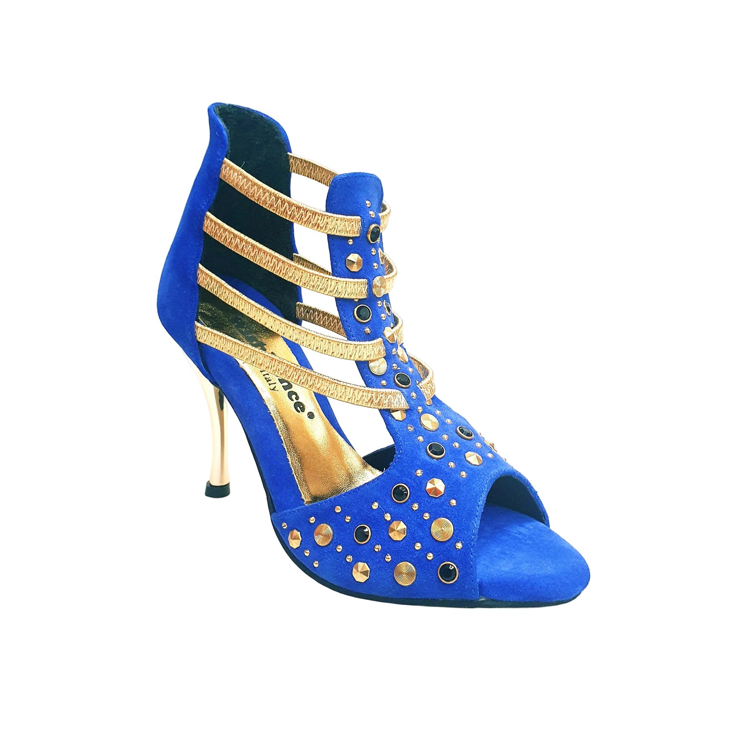 Sandalo da donna Swann Elizabeth Pirata in camoscio blu royal con borchie oro, Swarovski neri, elastici oro e tacco a spillo laminato oro