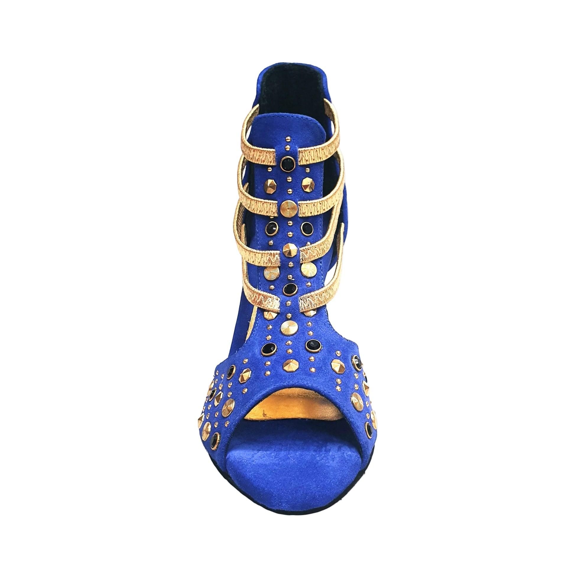 Sandalo Wish Dance Shop Elizabeth Pirata in camoscio blu royal con borchie oro, Swarovski neri e tacco a spillo laminato oro