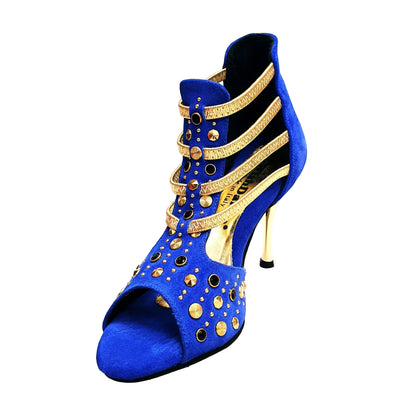 Sandalo donna Swann Elizabeth Pirata Wish Dance Shop in camoscio blu royal con borchie oro, Swarovski neri e tacco a spillo laminato oro