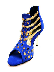 Carica immagine nella Galleria, Swann Elizabeth Pirata (460PW) - Sandalo da Donna in Camoscio Blu Royal con Borchie Oro e Swarovski Neri Incastonati elastici Oro tacco a spillo laminato oro
