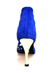 Carica immagine nella Galleria, Swann Elizabeth Pirata (460PW) - Sandalo da Donna in Camoscio Blu Royal con Borchie Oro e Swarovski Neri Incastonati elastici Oro tacco a spillo laminato oro
