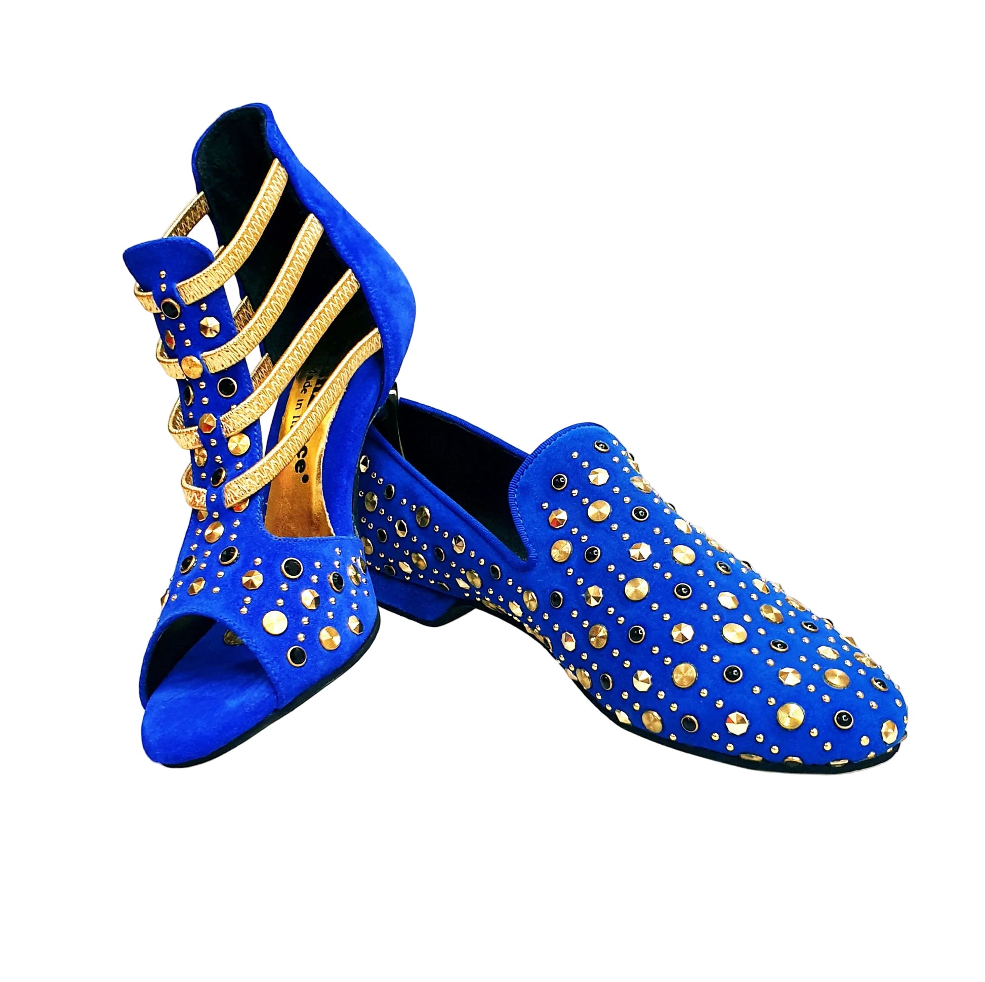Sandalo donna Swann Elizabeth Pirata Wish Dance Shop in camoscio blu royal con borchie oro, Swarovski neri e tacco a spillo laminato oro.
