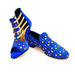 Load image into Gallery viewer, Swann Elizabeth Pirata (460PW) - Sandalo da Donna in Camoscio Blu Royal con Borchie Oro e Swarovski Neri Incastonati elastici Oro tacco a spillo laminato oro
