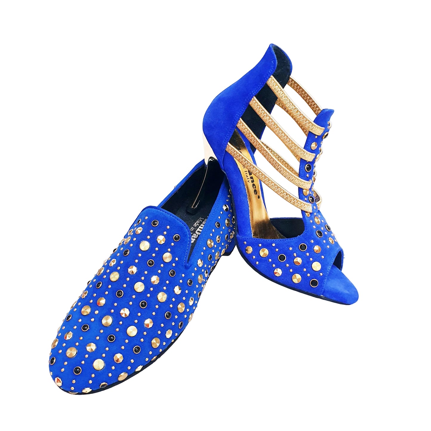 Sandalo donna Swann Elizabeth Pirata Wish Dance Shop in camoscio blu royal con borchie oro, Swarovski neri e tacco a spillo laminato oro