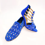 Load image into Gallery viewer, Swann Elizabeth Pirata (460PW) - Sandalo da Donna in Camoscio Blu Royal con Borchie Oro e Swarovski Neri Incastonati elastici Oro tacco a spillo laminato oro
