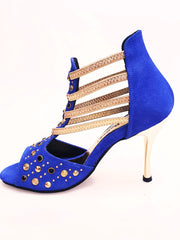 Carica immagine nella Galleria, Swann Elizabeth Pirata (460PW) - Sandalo da Donna in Camoscio Blu Royal con Borchie Oro e Swarovski Neri Incastonati elastici Oro tacco a spillo laminato oro
