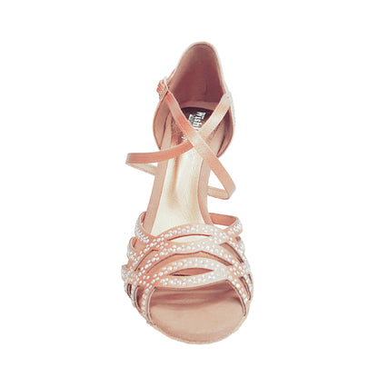 Scarpa da donna Carolin QC Marea L14 in raso seta carne con Swarovski Boreali e tacco a rocchetto slim latino alto