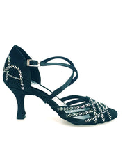 Carica immagine nella Galleria, CAROLIN QC (Marea L14) - Scarpa Da Donna Linea Bi-Flex in Raso Seta Nero Corvino Con Swarovski Boreali e Tacco a Rocchetto/Slim Latino Basso
