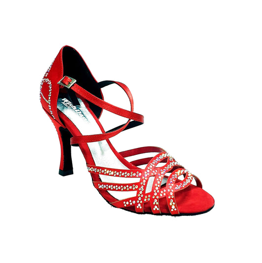 Scarpa da donna Carolin QC (Marea L14) Wish Dance Shop, linea Bi-Flex, raso seta rosso con Swarovski e tacco a rocchetto alto.
