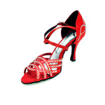 Load image into Gallery viewer, CAROLIN QC (Marea L14) - Woman&#39;s Shoe in Red Silk Satin With Boreal Swarovski and Spool Heel / Slim Latin
