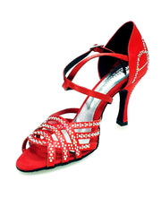 Carica immagine nella Galleria, CAROLIN QC (Marea L14) - Scarpa Da Donna Linea Bi-Flex in Raso Seta Rosso Con Swarovski Boreali e Tacco a Rocchetto/Slim Latino Alto
