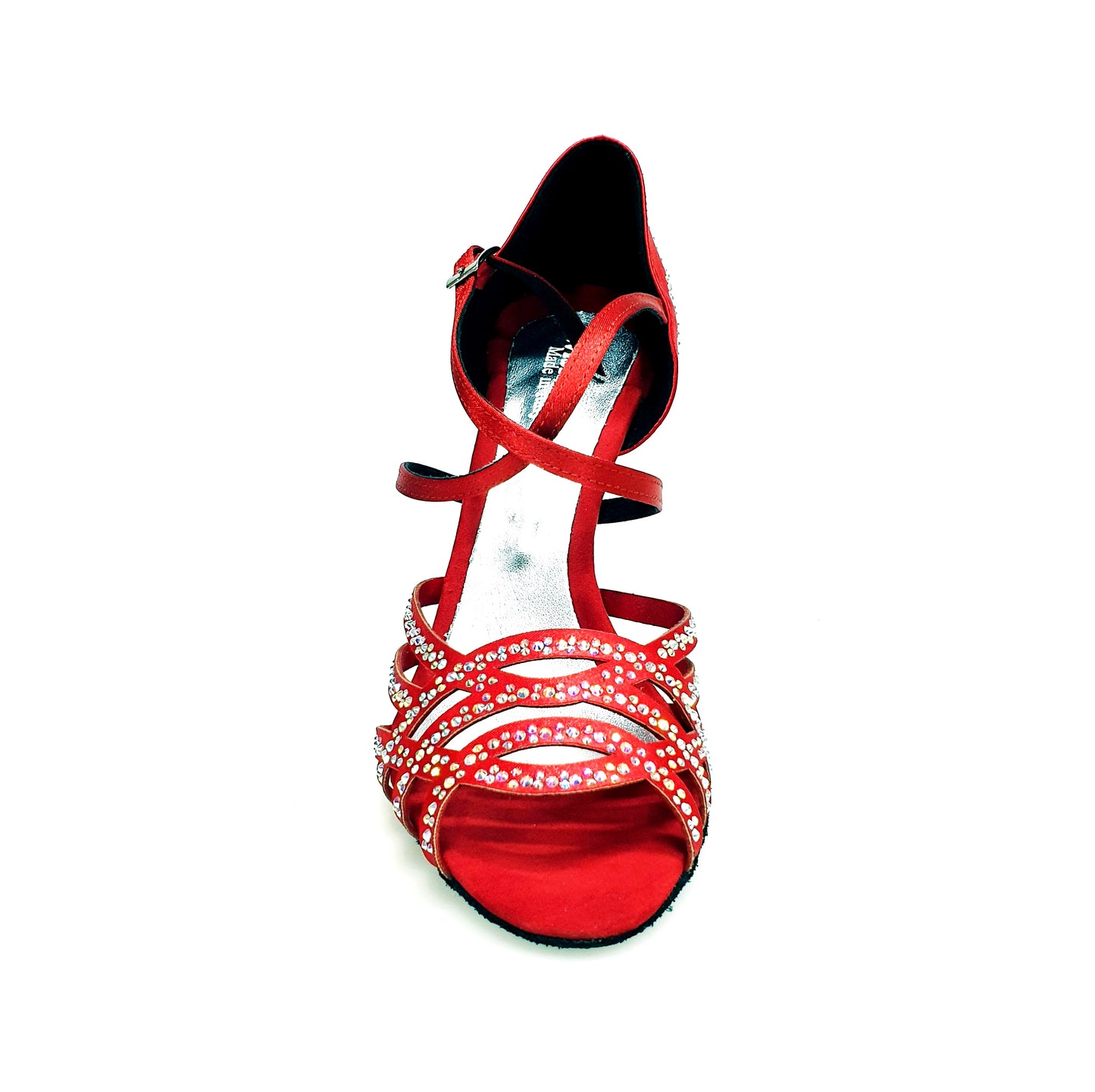 Scarpa da donna Carolin QC Marea L14 in raso seta rosso con Swarovski Boreali e tacco a rocchetto slim alto, linea Bi-Flex.