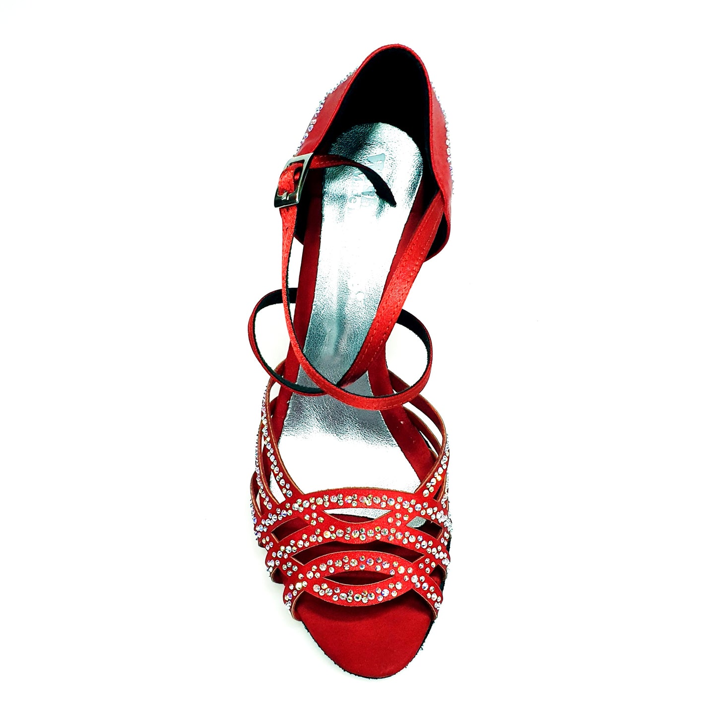 Scarpa da donna Carolin QC Marea L14 in raso seta rosso con Swarovski Boreali, tacco a rocchetto slim alto, linea Bi-Flex.
