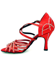 Carica immagine nella Galleria, CAROLIN QC (Marea L14) - Scarpa Da Donna Linea Bi-Flex in Raso Seta Rosso Con Swarovski Boreali e Tacco a Rocchetto/Slim Latino Alto
