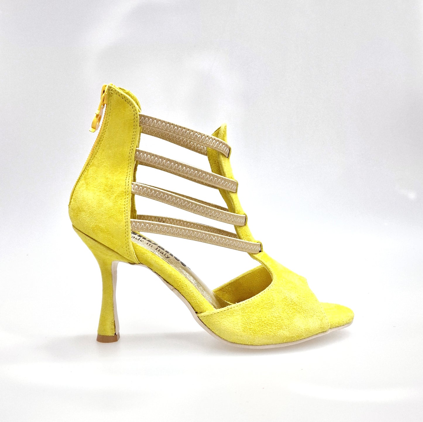 Sandalo da donna Giovana Wish Dance Shop in camoscio giallo con zip, elastici oro e tacco a rocchetto slim, dettaglio elegante.