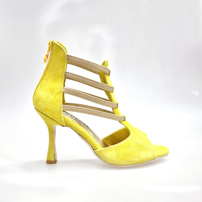 Sandalo da donna Giovana Wish Dance Shop in camoscio giallo con zip, elastici oro e tacco a rocchetto slim, dettaglio elegante.