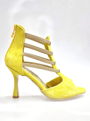 Carica immagine nella Galleria, GIOVANNA (460ZIP PW) - Sandalo da Donna in Camoscio Giallo con zip ed elastici Oro Tacco a Rocchetto Slim
