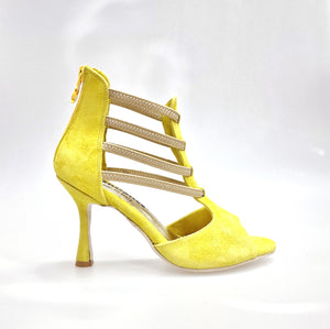 GIOVY (460ZIP PW) - Sandalo da Donna in Camoscio Giallo con zip ed elastici Oro Tacco a Rocchetto Slim
