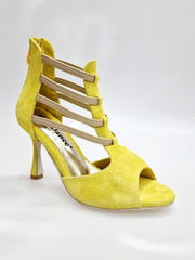 Carica immagine nella Galleria, GIOVANNA (460ZIP PW) - Sandalo da Donna in Camoscio Giallo con zip ed elastici Oro Tacco a Rocchetto Slim
