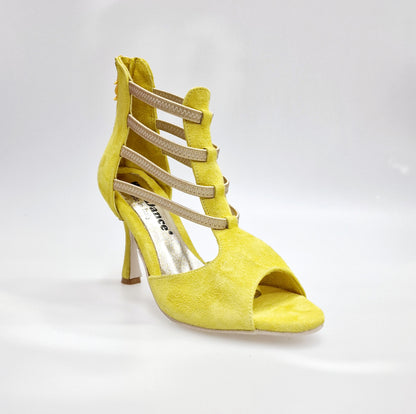 Sandalo da donna Giovana Wish Dance Shop in camoscio giallo con zip e elastici oro, tacco a rocchetto slim.