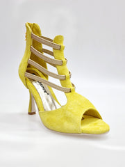 Carica immagine nella Galleria, GIOVANNA (460ZIP PW) - Sandalo da Donna in Camoscio Giallo con zip ed elastici Oro Tacco a Rocchetto Slim
