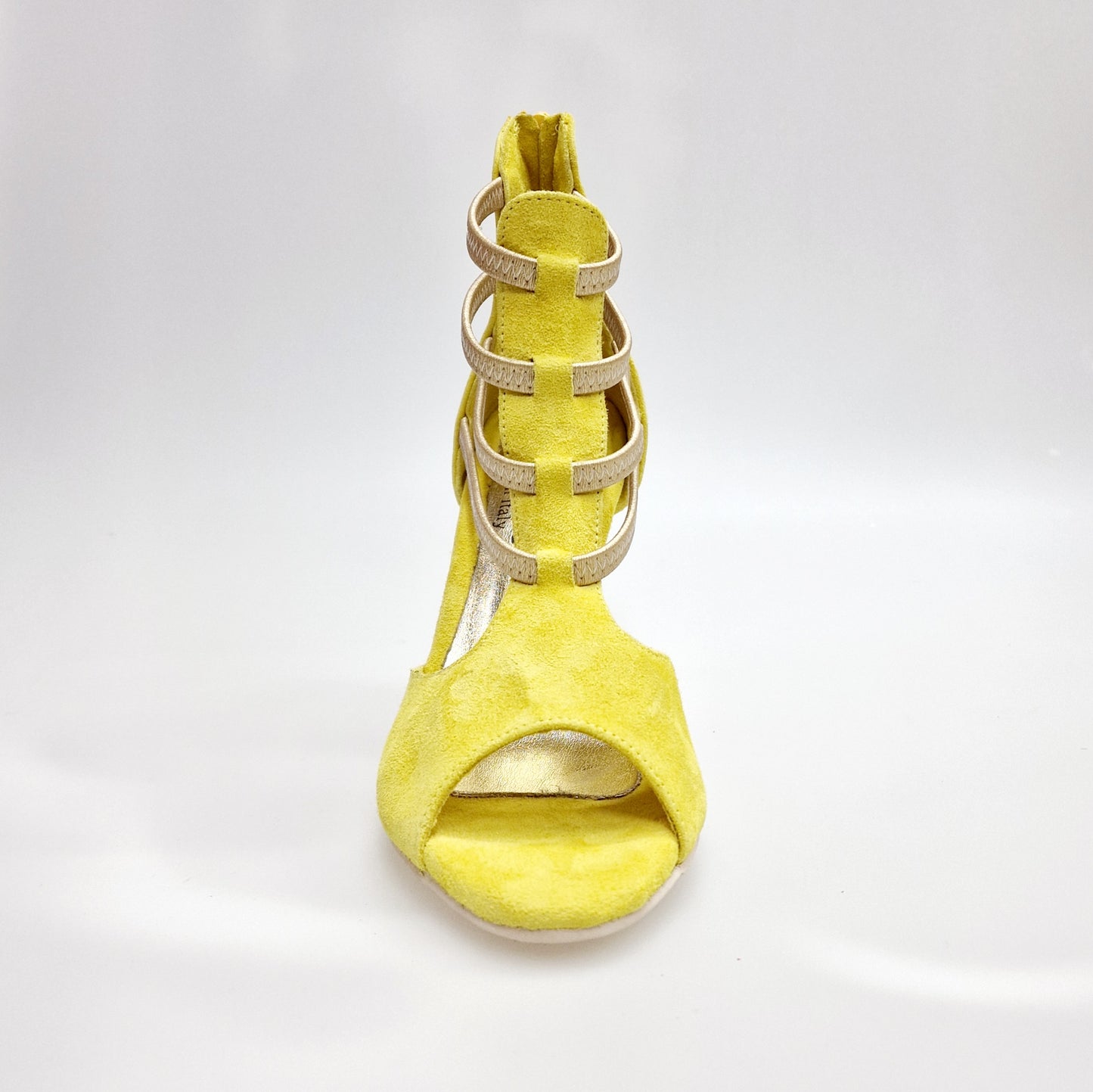 Sandalo da donna GIOVANNA Wish Dance Shop in camoscio giallo con zip, elastici oro e tacco a rocchetto slim.