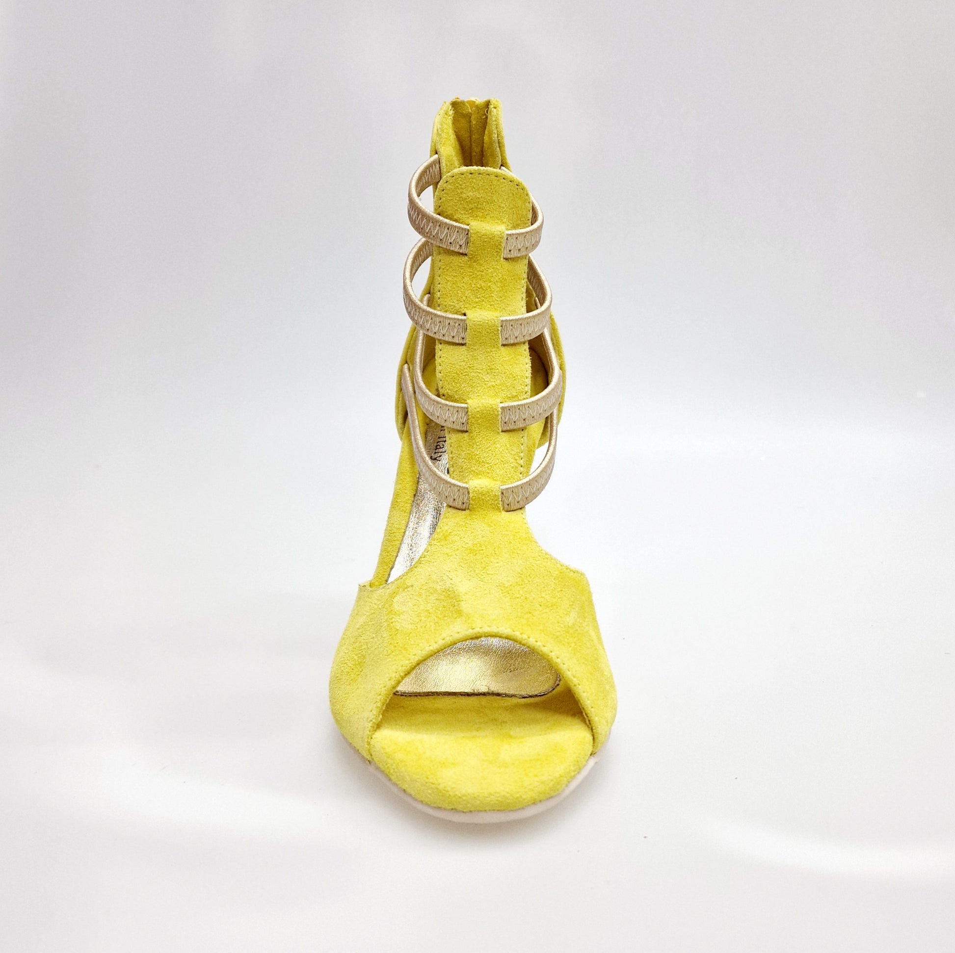 Sandalo da donna GIOVANNA Wish Dance Shop in camoscio giallo con zip, elastici oro e tacco a rocchetto slim.
