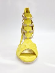 Carica immagine nella Galleria, GIOVANNA (460ZIP PW) - Sandalo da Donna in Camoscio Giallo con zip ed elastici Oro Tacco a Rocchetto Slim
