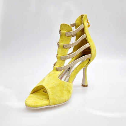 Sandalo da donna Giovana Wish Dance Shop in camoscio giallo con zip e elastici oro, tacco rocchetto slim, vista dettagliata