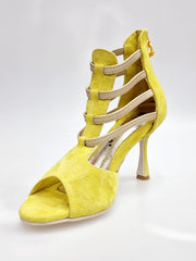 Carica immagine nella Galleria, GIOVANNA (460ZIP PW) - Sandalo da Donna in Camoscio Giallo con zip ed elastici Oro Tacco a Rocchetto Slim
