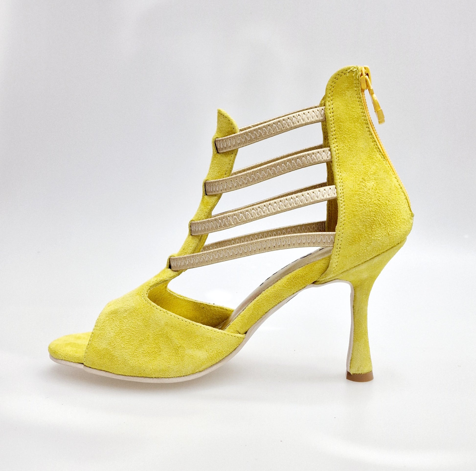 Sandalo da donna Giovana Wish Dance Shop in camoscio giallo con zip, elastici oro e tacco a rocchetto slim.