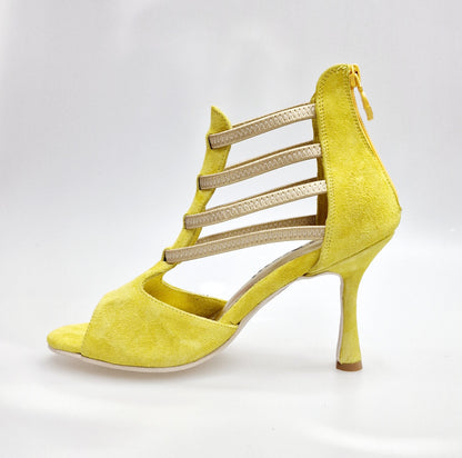 Sandalo da donna Giovana Wish Dance Shop in camoscio giallo con zip, elastici oro e tacco a rocchetto slim.