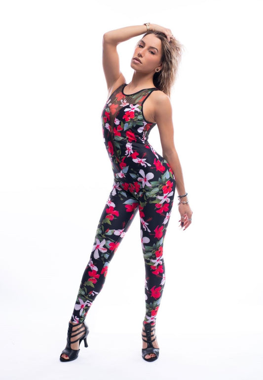 Jumpsuit in microfibra traspirante e modellante Wish Dance Shop con stampa floreale colorata e dettagli laserati.