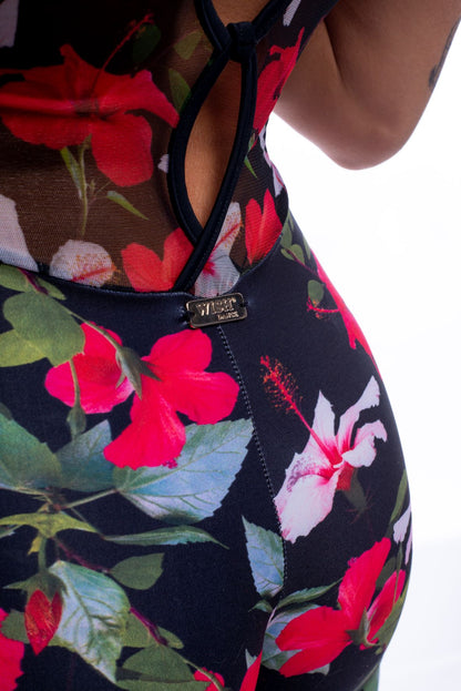 Giacca jumpsuit in microfibra traspirante e modellante con disegno floreale colorato e retina laserata, Wish Dance Shop.