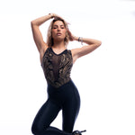 Load image into Gallery viewer, SILVIA Princess (Gold) - Jumpsuit Ciniglia Bielastica Nera intarsi Oro Sopra e Microfibra Traspirante Bielastica Nera Modellante Contenitiva Containment sotto
