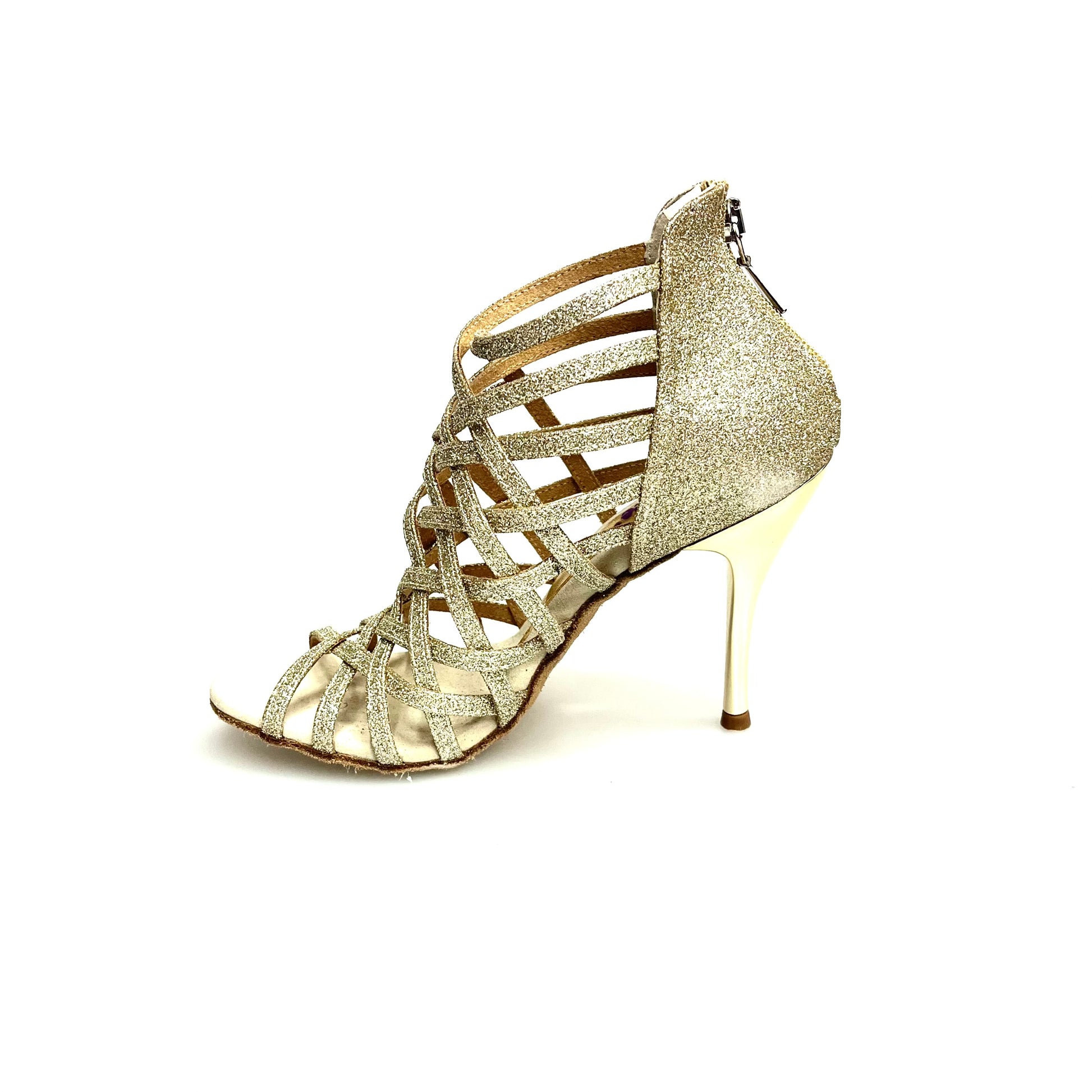 Sandalo da donna Intrigo (780) Wish Dance Shop in glitter platino con tacco a spillo laminato oro platino, dettaglio elegante e brillante
