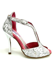 Load image into Gallery viewer, Sophie (401) - Sandalo da Donna in Pizzo Bianco con Tacco a Spillo laminato Argento
