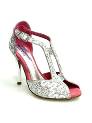 Load image into Gallery viewer, Sophie (401) - Sandalo da Donna in Pizzo Bianco con Tacco a Spillo laminato Argento
