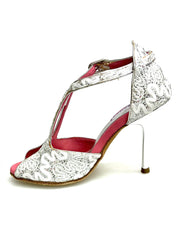 Load image into Gallery viewer, Sophie (401) - Sandalo da Donna in Pizzo Bianco con Tacco a Spillo laminato Argento
