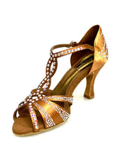 Carica immagine nella Galleria, CAMILA Superb (accollata) L13 - Scarpa da Ballo in Raso Seta Bronzo con Swarovski Boreali e Tacco a Rocchetto
