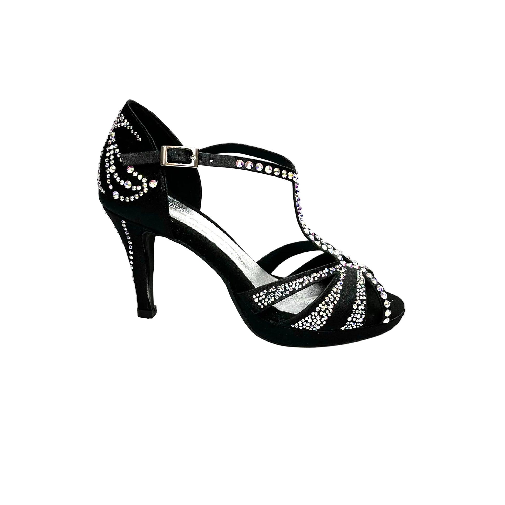 Scarpa da ballo in raso seta nero Wish Dance Shop Tania Superb L13P con Swarovski Boreali e tacco basso a spillo largo