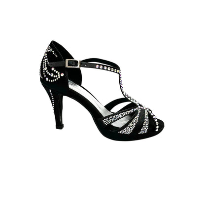 Scarpa da ballo in raso seta nero Wish Dance Shop Tania Superb L13P con Swarovski Boreali e tacco basso a spillo largo