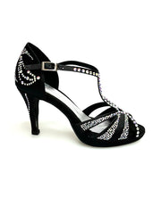 Carica immagine nella Galleria, TANIA Superb (accollata) L13P - Scarpa da Ballo in Raso Seta Nero con Swarovski Boreali e Tacco Basso a Spillo Largo con Plateau
