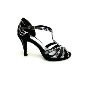 CAMILA Superb (accollata) L13P - Dance Shoe in Black Satin Silk with Boreal Swarovski and Wide Low Stiletto Heel with Plateau