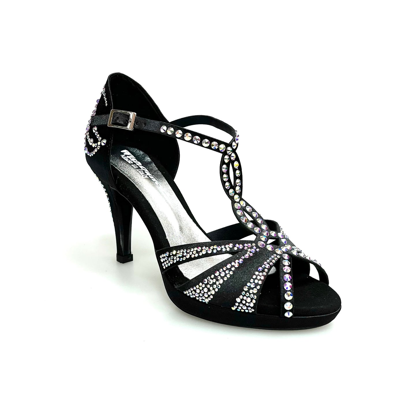 Scarpa da ballo in raso di seta nero TANIA Superb L13P con Swarovski Boreali, tacco basso a spillo largo e plateau, Wish Dance Shop.
