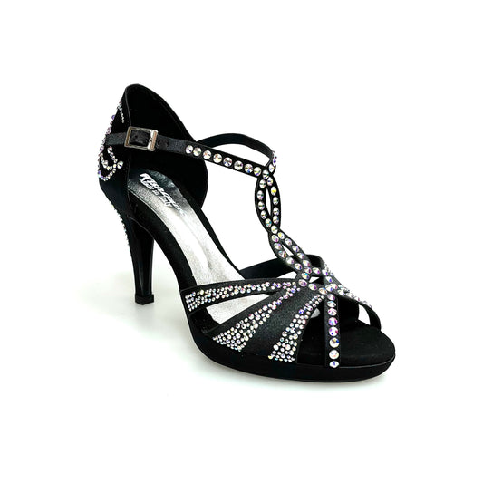 Scarpa da ballo in raso di seta nero TANIA Superb L13P con Swarovski Boreali, tacco basso a spillo largo e plateau, Wish Dance Shop.