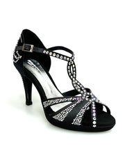 Carica immagine nella Galleria, TANIA Superb (accollata) L13P - Scarpa da Ballo in Raso Seta Nero con Swarovski Boreali e Tacco Basso a Spillo Largo con Plateau
