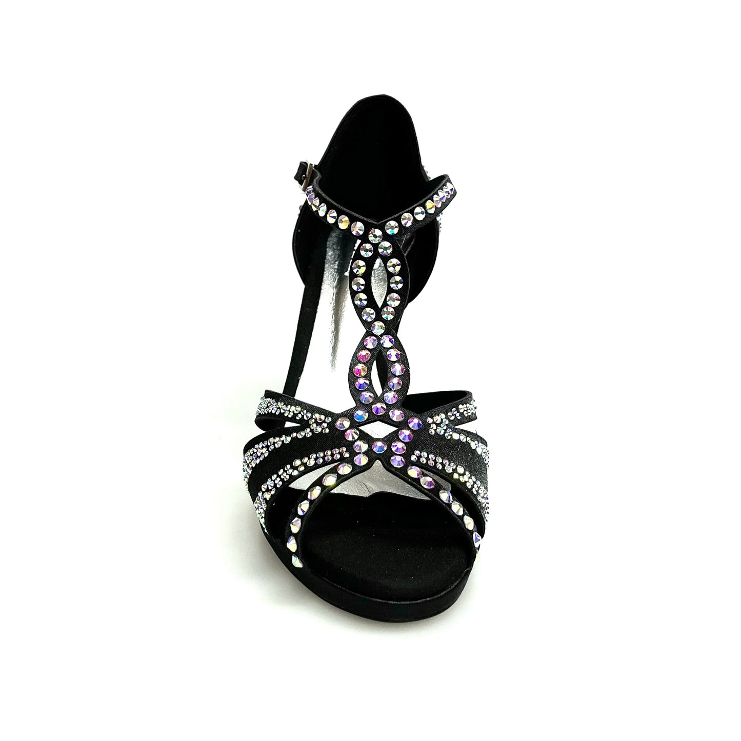 Scarpa da ballo in raso seta nero Tania Superb L13P con Swarovski Boreali e tacco basso a spillo largo con plateau