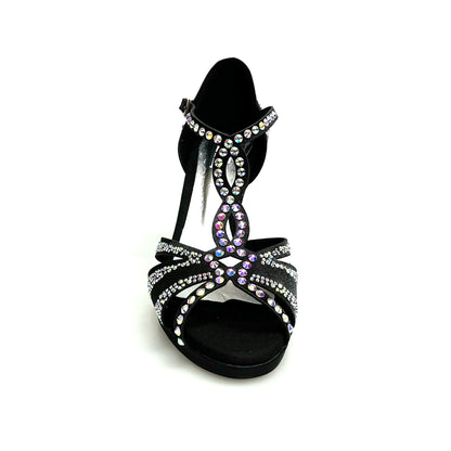Scarpa da ballo in raso seta nero Tania Superb L13P con Swarovski Boreali e tacco basso a spillo largo con plateau