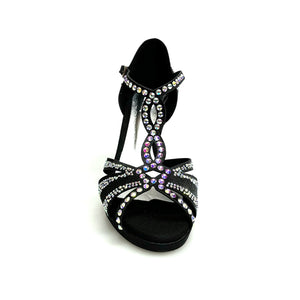 CAMILA Superb (accollata) L13P - Dance Shoe in Black Satin Silk with Boreal Swarovski and Wide Low Stiletto Heel with Plateau